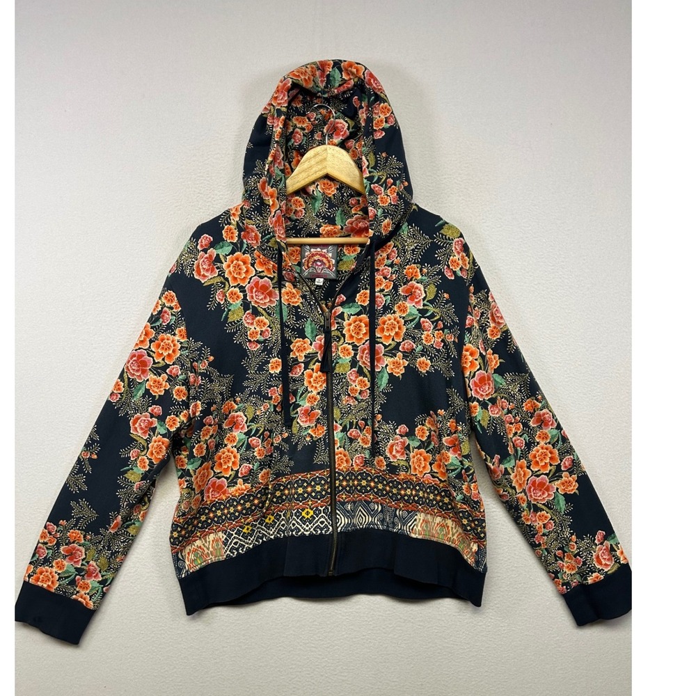 Johnny Was Black Floral Zip Hoodie with Orange Flowers
